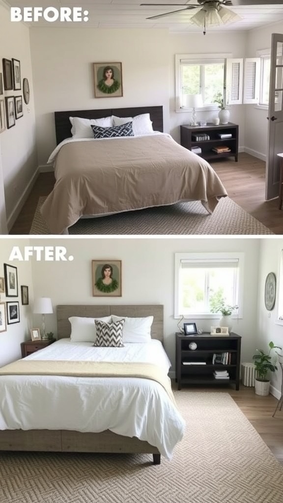 Before and after images of a stylish bedroom makeover.