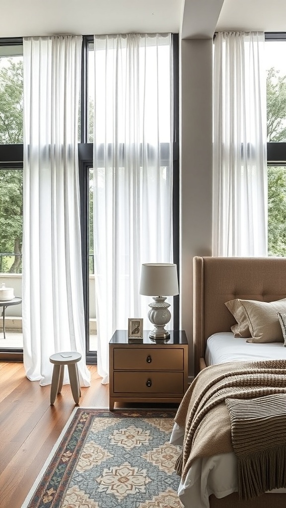 A stylish bedroom featuring a bedside table with a lamp, picture frame, and soft textiles.
