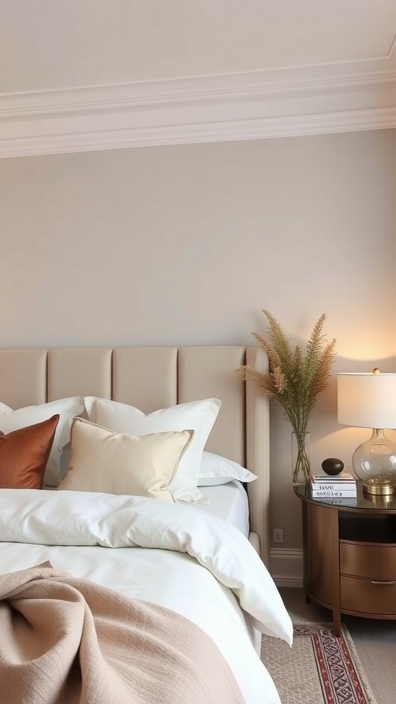 A cozy bedroom featuring a stylish bedside table with a lamp and decorative items.