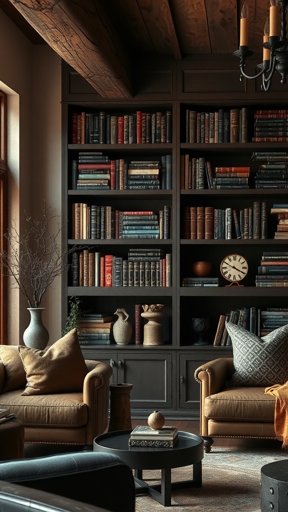 A stylish Gothic bookcase filled with vintage books, surrounded by rustic furniture in a cozy living room.