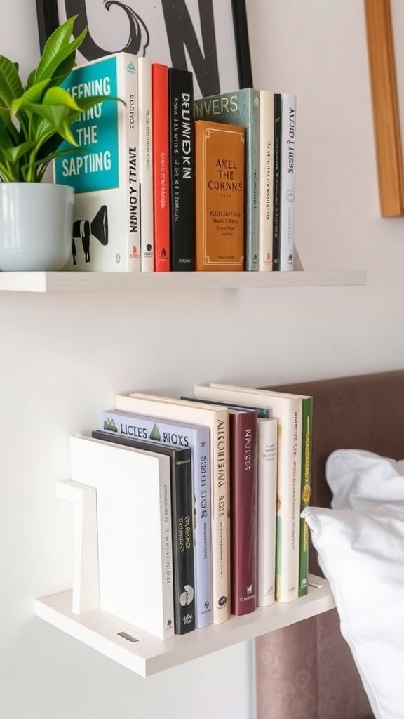 A black wall shelf with a collection of books supported by stylish bookends.