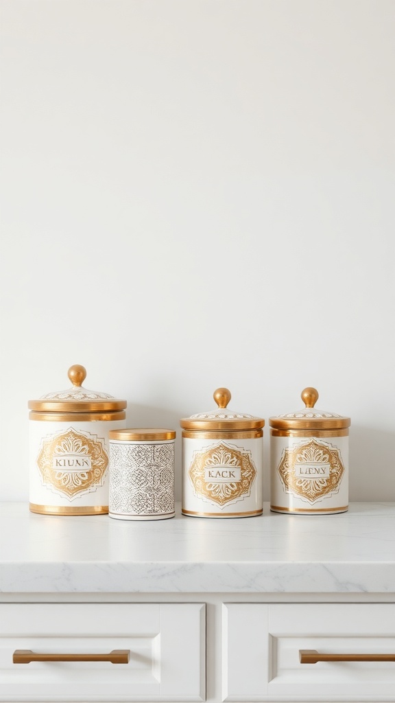A stylish set of kitchen canisters with gold accents on a countertop.