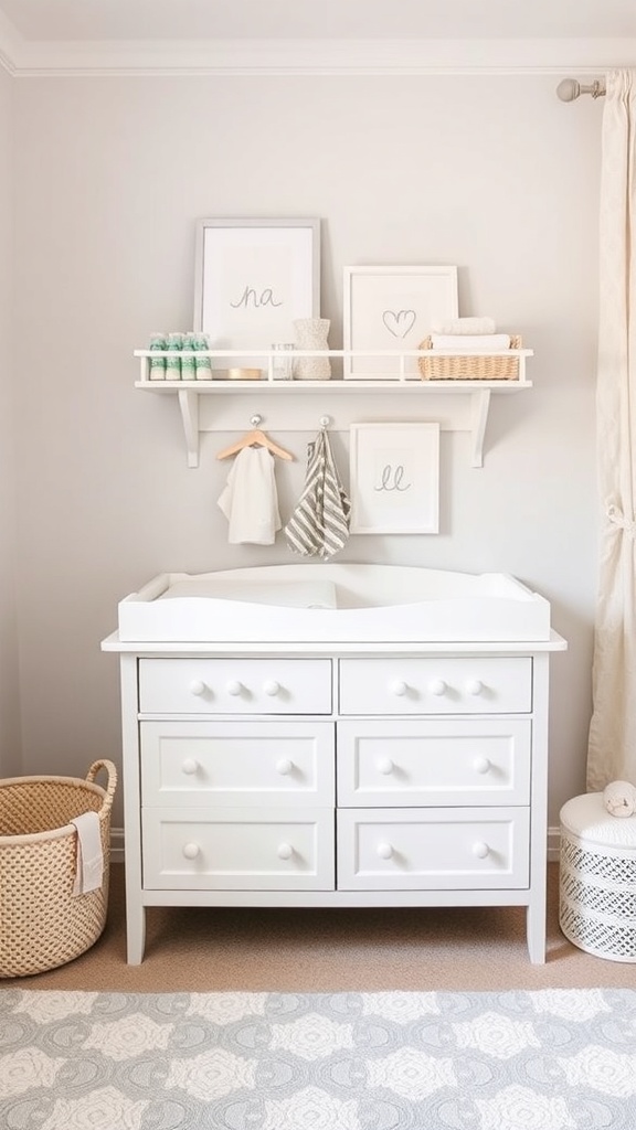 Stylish white changing table with decorative shelf and storage baskets in a cozy nursery
