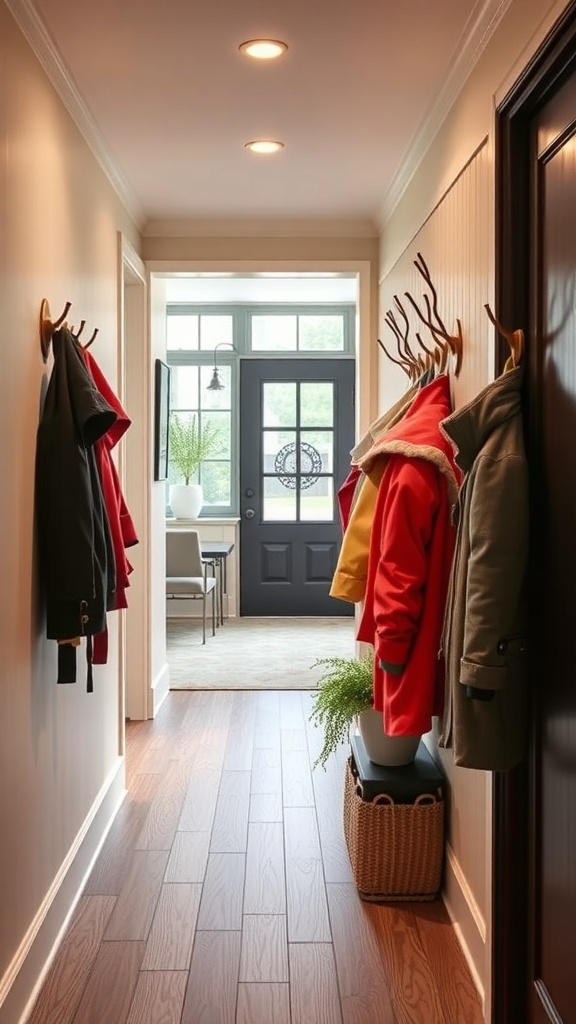 A stylish hallway with colorful coats hanging on wooden coat hooks, leading to a front door.