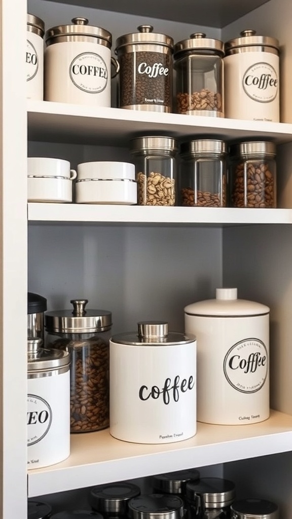 A collection of stylish coffee canisters on a shelf, featuring various designs and materials.