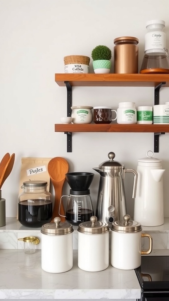 Stylish coffee canisters on a countertop with wooden shelves and coffee-making equipment