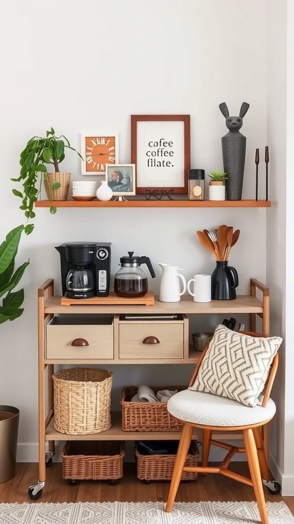 Stylish coffee cart setup with a coffee maker, decorative items, and storage baskets.