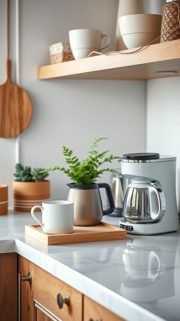 A stylish coffee station setup featuring a coffee maker, a white mug on a wooden tray, and a small potted plant on a kitchen countertop.