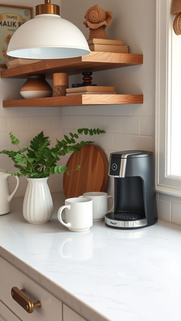 A stylish coffee station featuring a modern coffee maker, white mugs, a vase with greenery, and wooden shelves with decorative items.