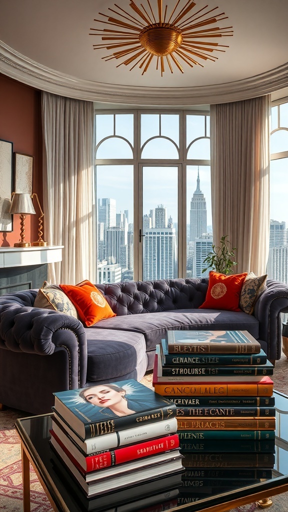 A stylish living room featuring a velvet sofa and a stack of colorful coffee table books with a city skyline view.