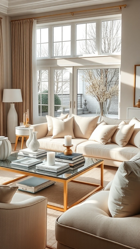 Stylish coffee table display with books, candles, and a vase in a luxurious living room