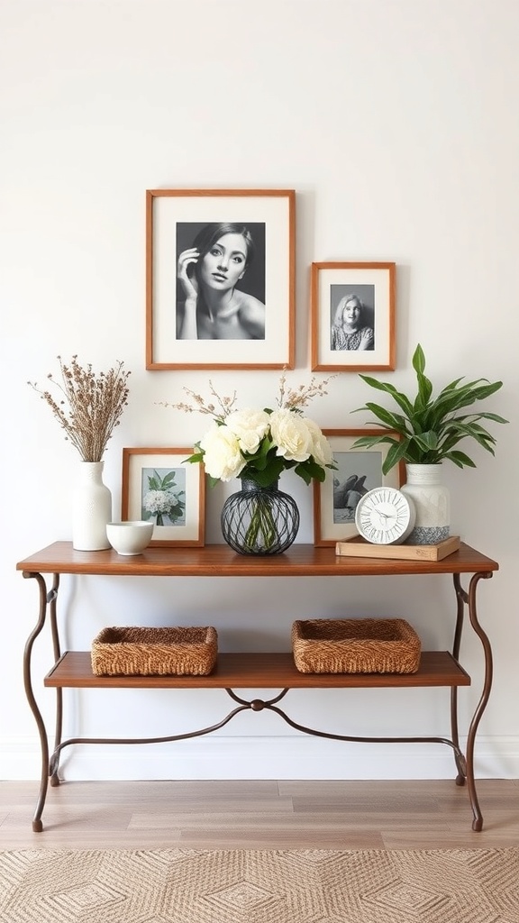 A beautifully arranged console table with vases, framed photos, and a plant.