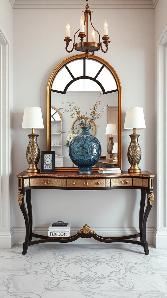 A stylish console table with a decorative blue vase, two lamps, and a large mirror above it.
