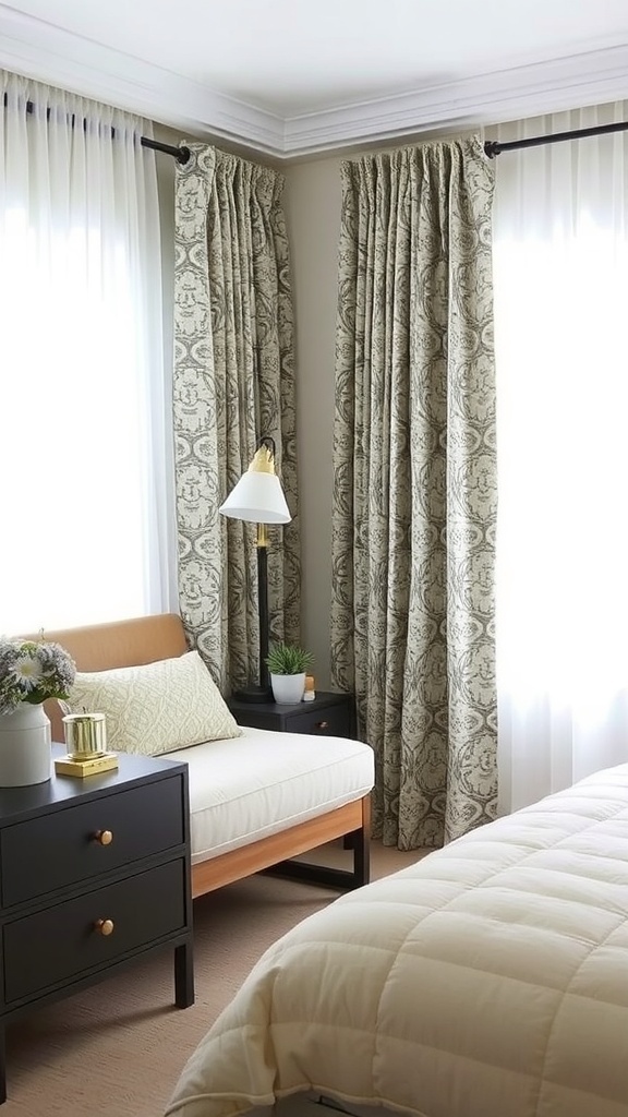 A cozy bedroom featuring stylish curtains that provide privacy and light control.