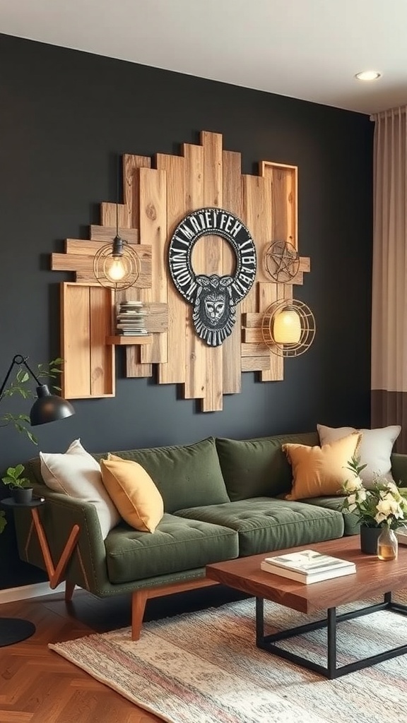 Stylish DIY wall art made from wood above a cozy couch in a living room
