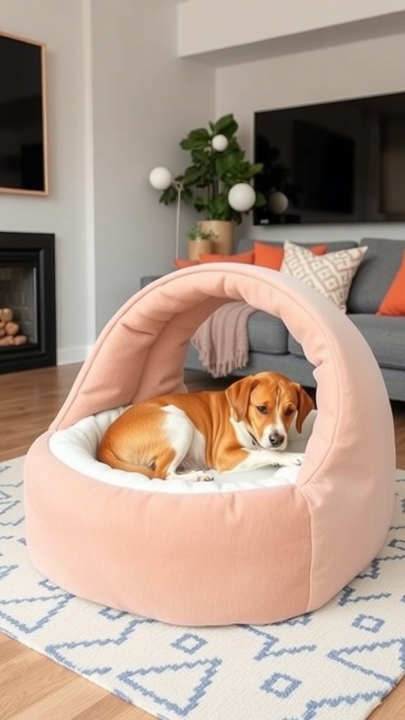A dog resting in a stylish pink donut bed in a modern living room setting.