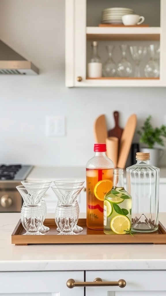Stylish drink station with glasses and beverages on a tray