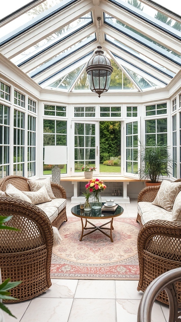 A stylish conservatory with wicker furniture, a round coffee table, and large glass windows.