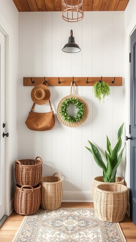 A stylish entryway featuring woven baskets, a wooden hook rack, and a hanging plant.