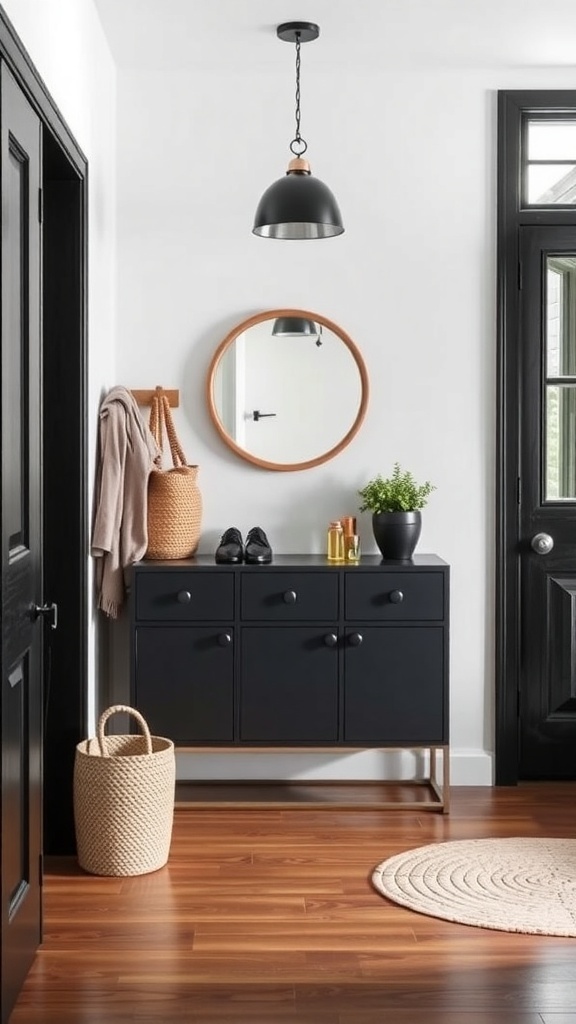 Stylish entryway with large windows, wooden furniture, and a warm rug