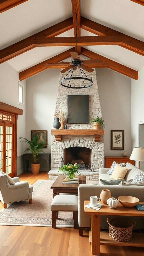 Stylish farmhouse living room with wooden beams, stone fireplace, and cozy furniture.