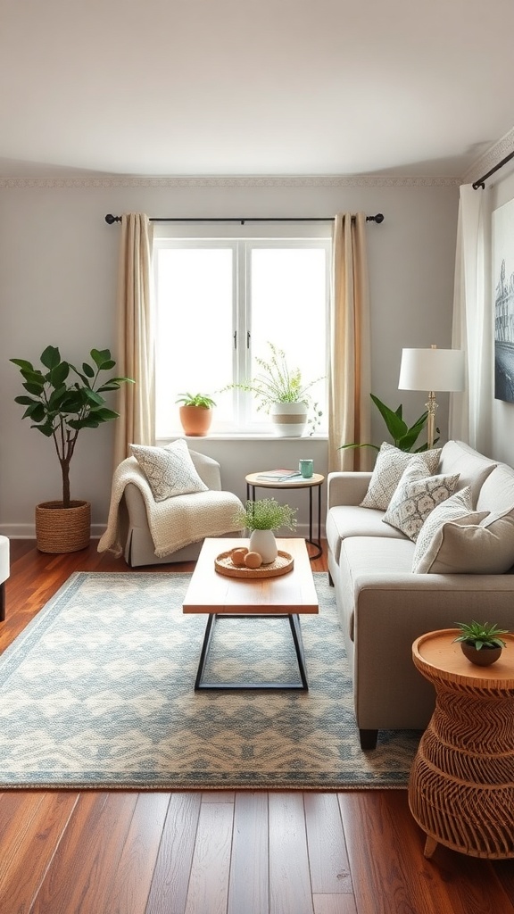 Cozy living room with a stylish farmhouse rug, plants, and natural light.