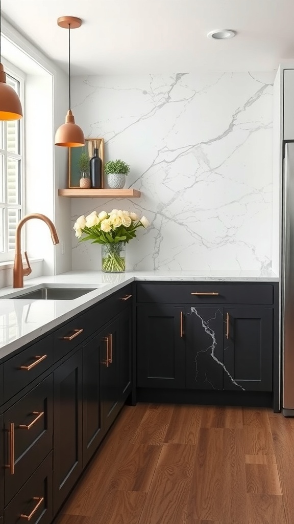 A modern kitchen featuring black cabinets, faux marble countertops, and stylish decor.