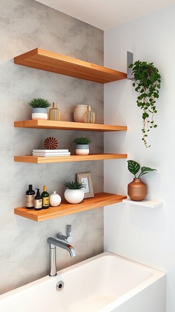 Stylish floating shelves in a modern small bathroom with a bathtub and decorative items