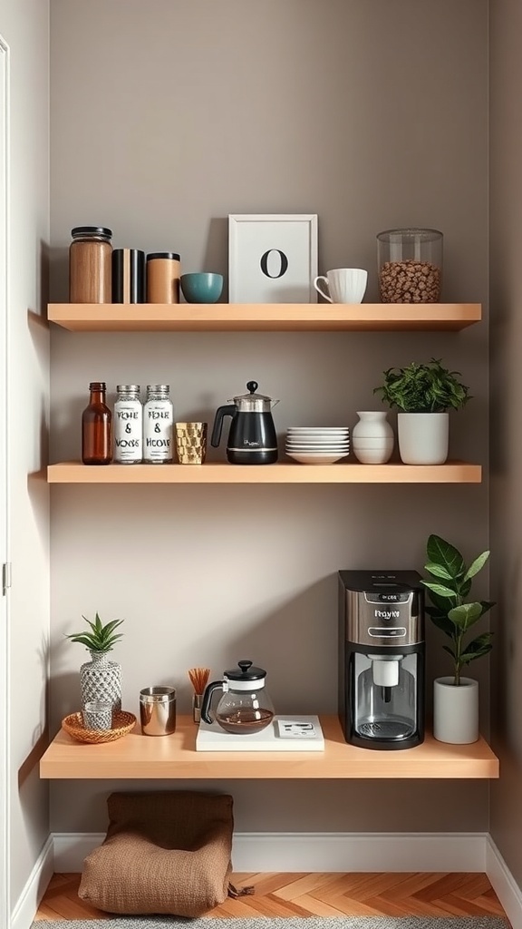 Stylish floating shelves displaying coffee essentials and decorative items in a cozy nook.