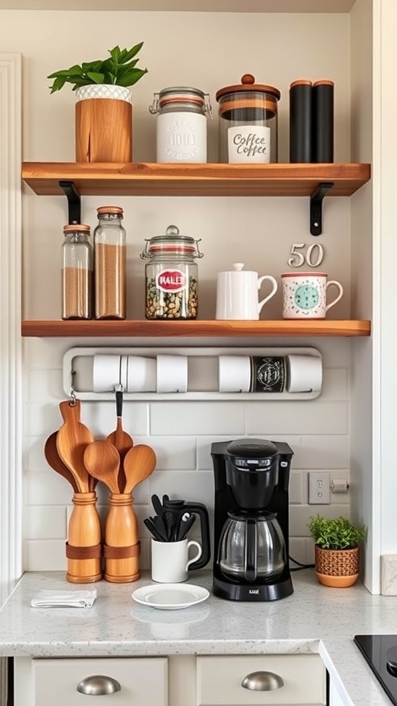 Stylish floating shelves displaying coffee essentials in a small kitchen space.