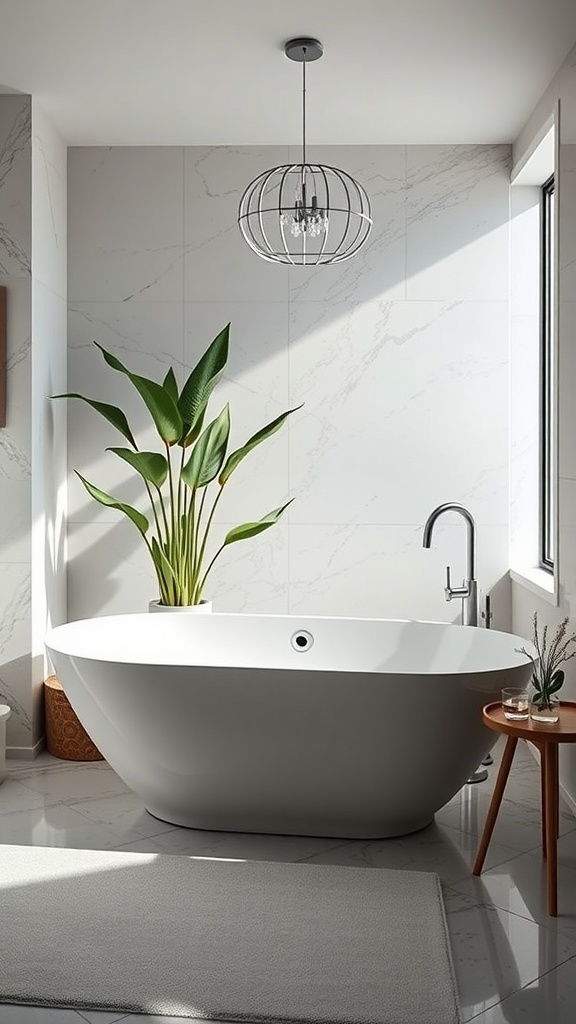 A stylish freestanding bathtub in a modern bathroom with a large plant and natural light.