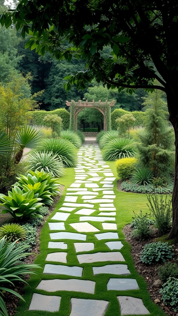 A winding stone garden path surrounded by lush greenery and an elegant archway.