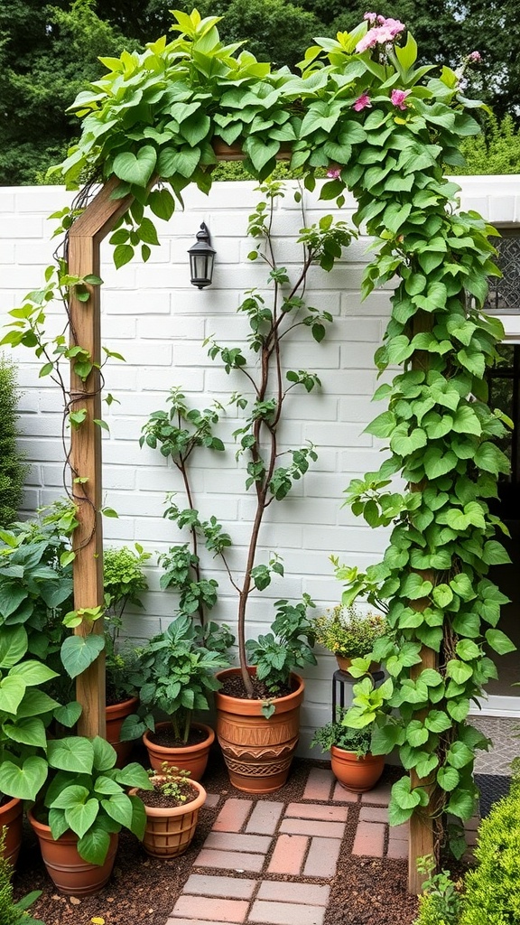 A wooden garden trellis covered with green vines and plants, surrounded by terracotta pots.