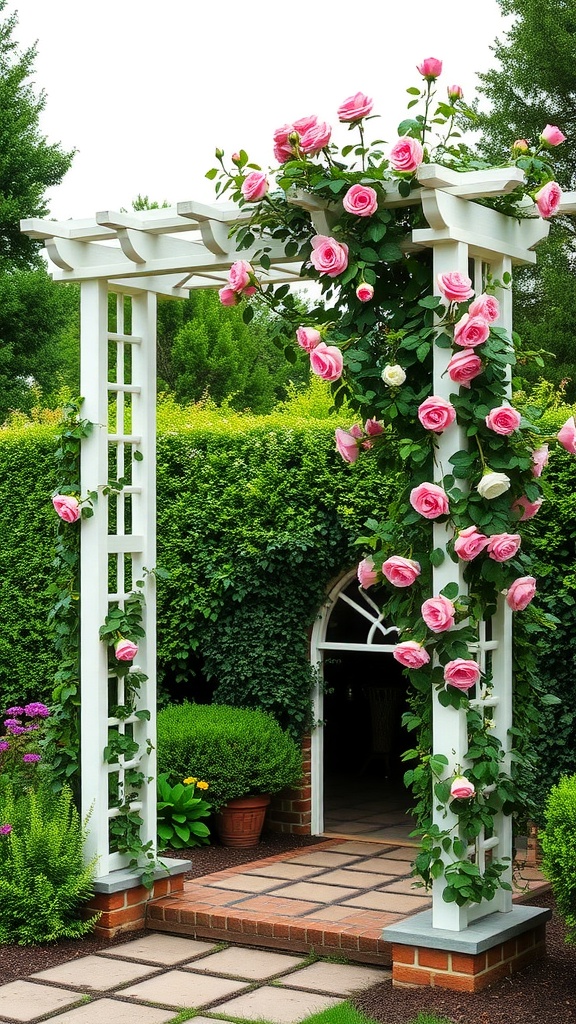 A white garden trellis covered in pink roses, leading to a lush green garden.