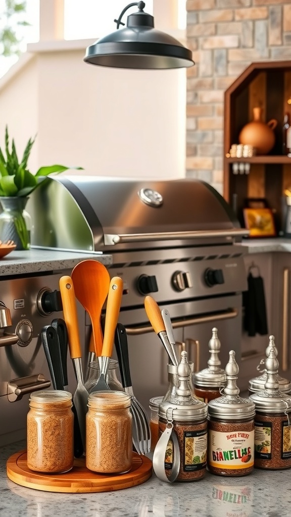Stylish outdoor kitchen display featuring a grill, wooden utensils, and jars of spices.