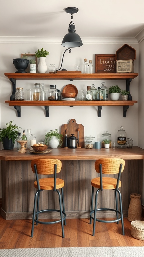 A stylish home bar featuring wooden shelves with jars and plants, a wooden bar top, and two woven stools.
