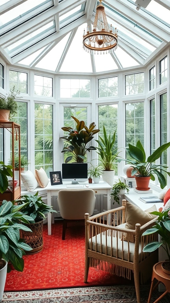 A stylish home office in a conservatory with plants, a desk, and a cozy chair.