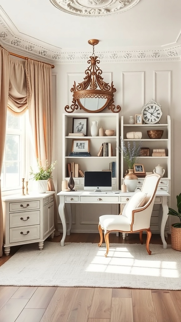 A stylish home office featuring soft neutrals, vintage furniture, and an ornate chandelier.