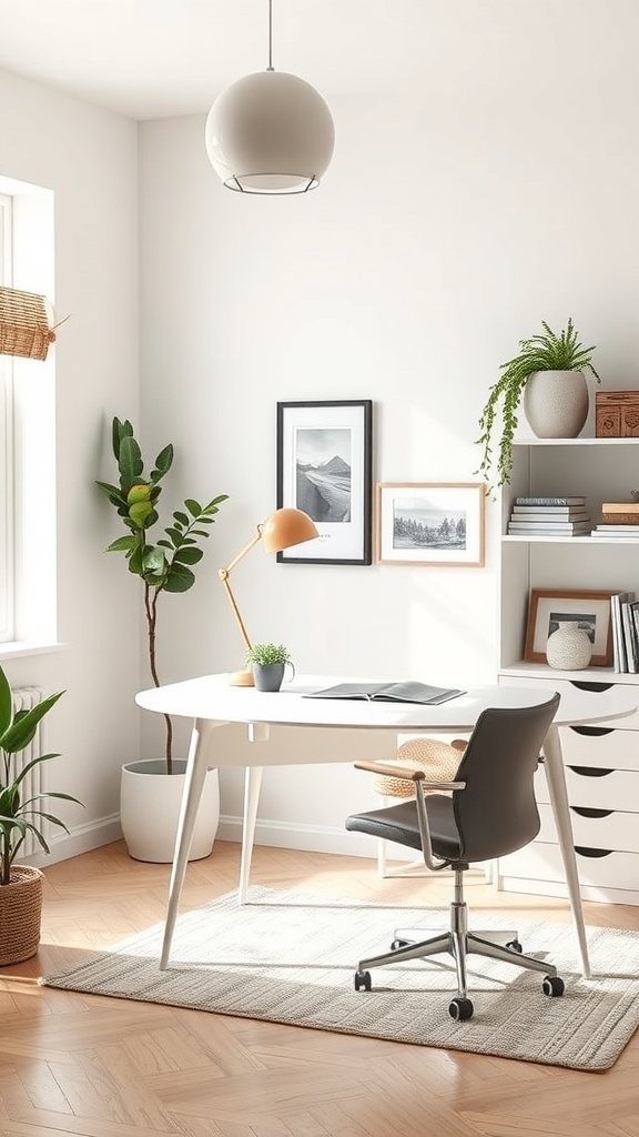 A stylish Scandinavian home office featuring a white desk, a comfortable chair, and plants.