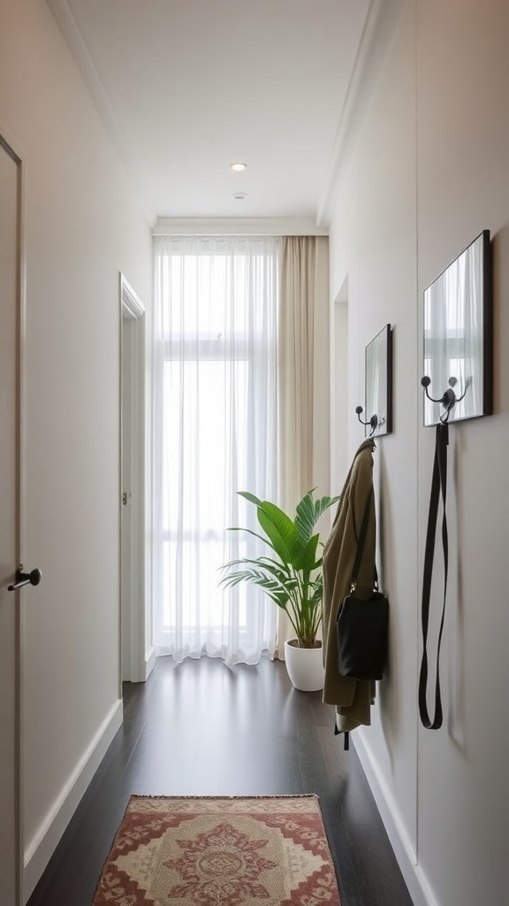 A narrow hallway with stylish hooks for coats and bags, featuring a plant and a decorative rug.