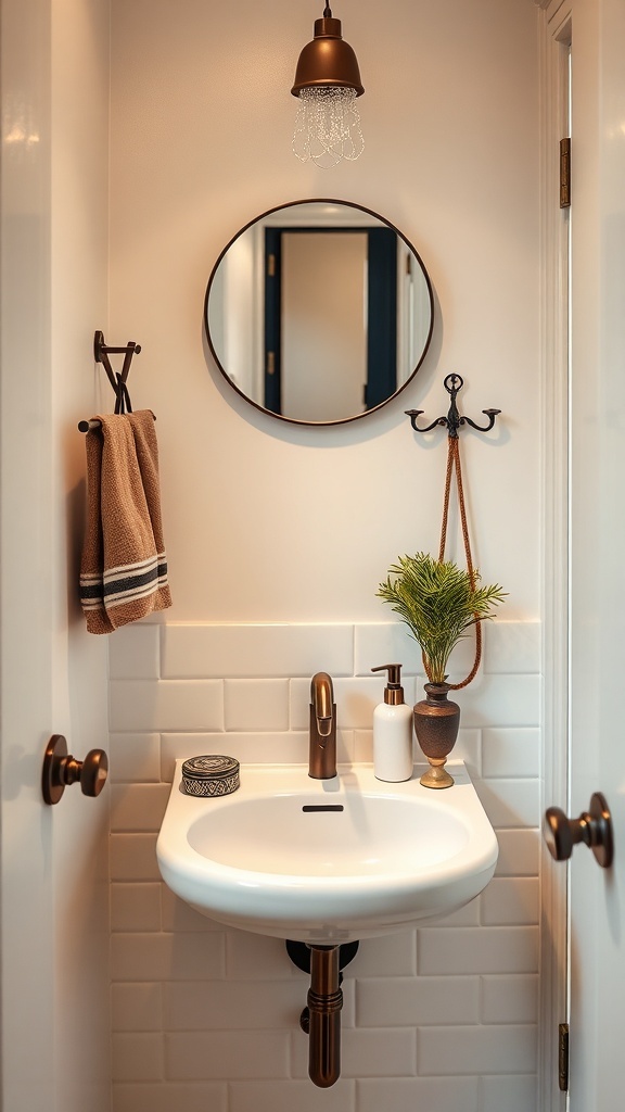 A small bathroom featuring stylish hooks for hanging towels and accessories, with a round mirror and warm-toned fixtures.