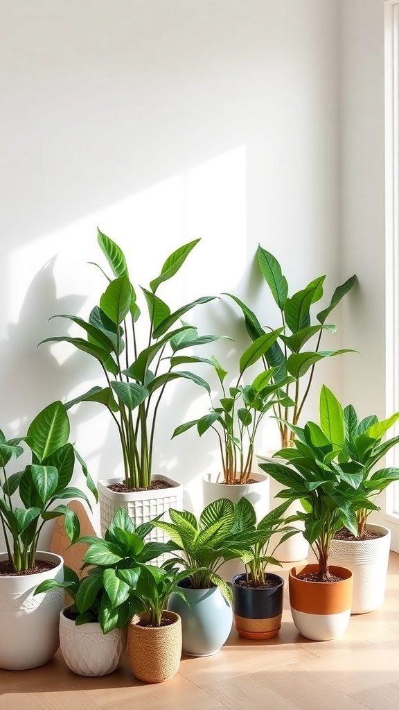 A collection of stylish indoor plants in various pots, showcasing a bright and inviting atmosphere.