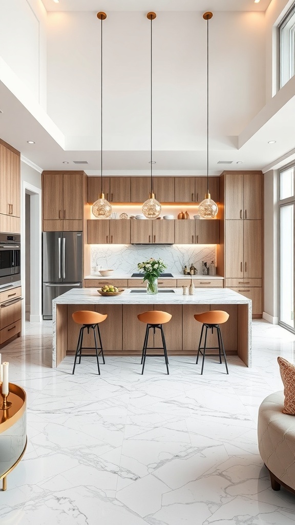Modern kitchen with a stylish island featuring seating and storage, complemented by elegant lighting.