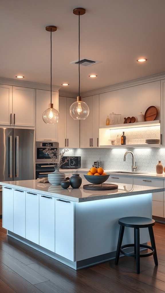 Stylish kitchen island with pendant lighting and modern decor