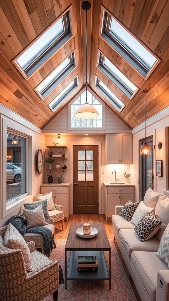 Ein stilvolles Tiny House mit Holzdecke und verschiedenen Beleuchtungselementen.