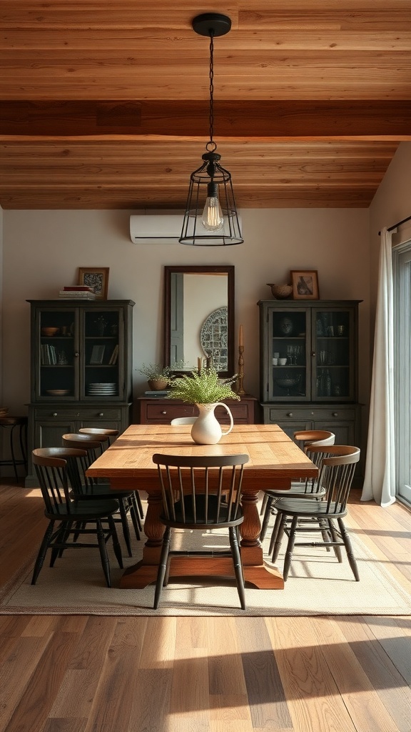 A stylish dining area featuring a wooden table, black spindle chairs, and a black metal pendant light hanging from a wooden ceiling.