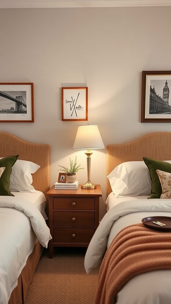 A cozy bedroom with two beds, stylish nightstands, a lamp, and framed artwork on the wall.