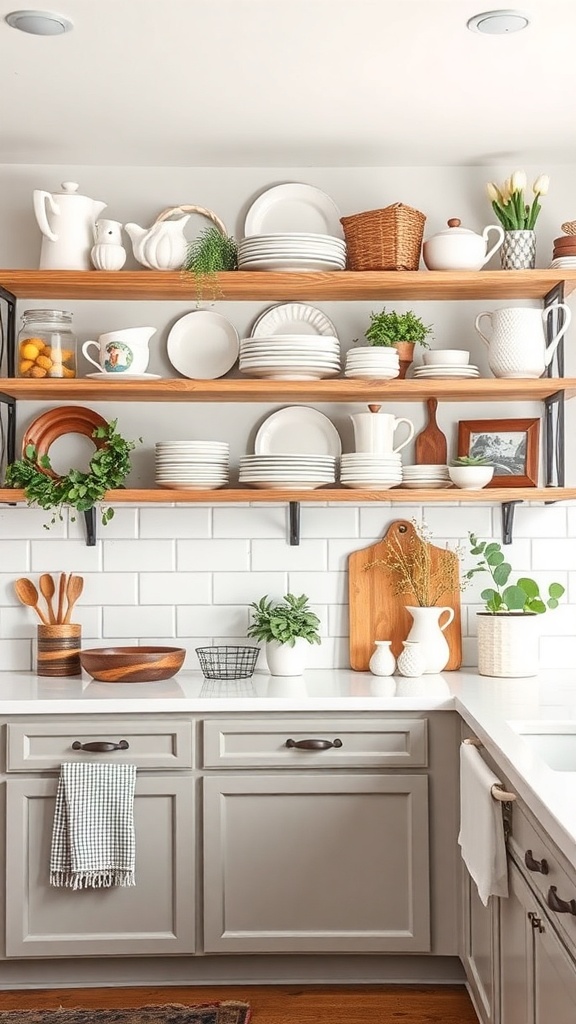Stylish open shelving in a modern farmhouse kitchen with white dishes and greenery.