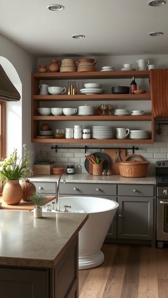 A rustic kitchen featuring open wooden shelves filled with various dishes and decorative items, complemented by gray cabinetry and a white bathtub.