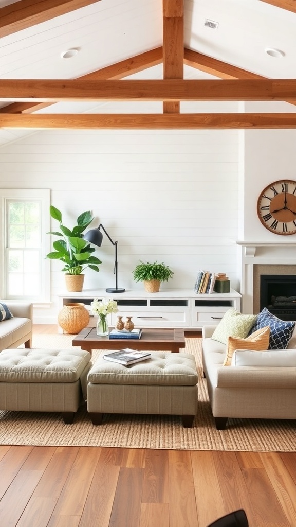 Cozy farmhouse living room with stylish ottomans and poufs